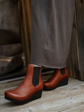 NWT Papillio Ebba Slip On Cognac and Black Leather Wedge Bootie by Birkenstock